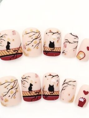 24PCS Kawaii Cat Press On Nails Short Square Pink Beige  Manicure Set